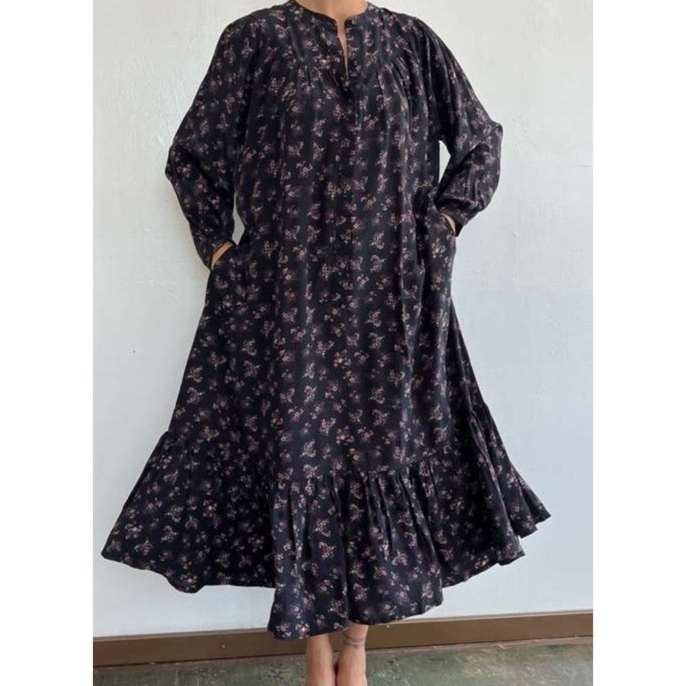 Suzie Kondi Easy Dress L Black Floral Silk Tiered Midi Boho Oversized Pockets - Picture 1 of 14